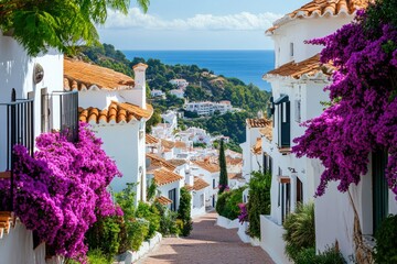 Bougainvillea blooming along whitewashed street overlooking mediterranean sea in mijas pueblo, spain