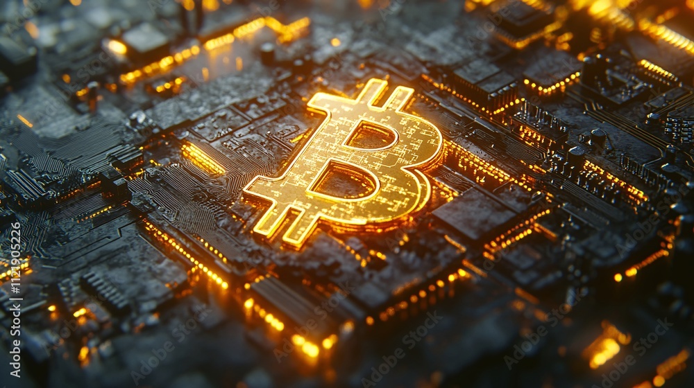 Poster a glowing bitcoin symbol on a dark, circuit-like background, representing digital currency and block