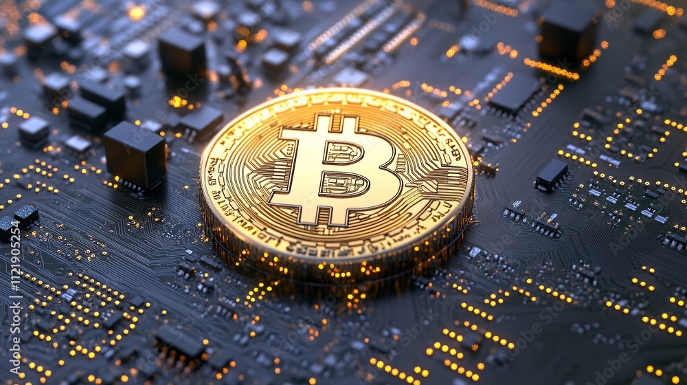 Poster a shiny bitcoin sits prominently on a circuit board, symbolizing the intersection of cryptocurrency 