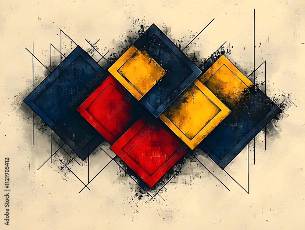Poster abstract geometric design featuring overlapping squares in vibrant red, yellow, and blue against a t
