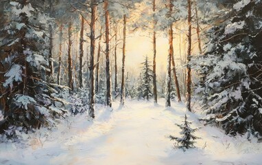 Fototapeta premium Atmospheric boreal forest soft light on dense pine trees in a winter landscape