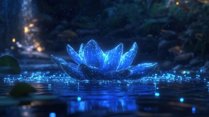 Glowing blue lotus flower in a serene water setting 