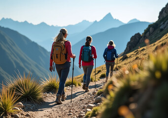 Obraz premium female hikers trek rugged mountain terrain friends family members nearby