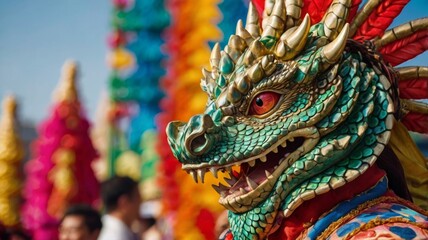 Fototapeta premium A vibrant dragon head costume worn by a performer during a traditional Chinese New Year parade, showcasing intricate details and bright colors that embody the spirit of celebration.