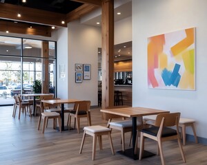 Modern cafe interior with wooden tables, chairs, and abstract art.