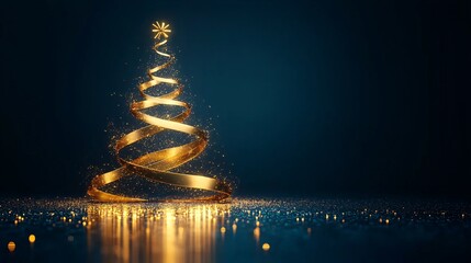 Obraz premium A shimmering golden Christmas tree glows against a dark background, adorned with sparkling ornaments, creating a festive and magical atmosphere.