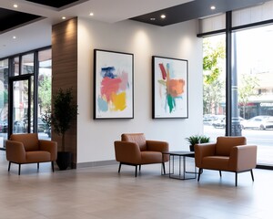 Fototapeta premium Modern lobby with comfortable seating, artwork, and large windows.