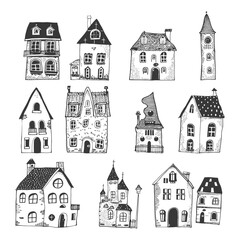Obraz premium A Collection Of Hand Drawn Black And White Illustrations Of Various Houses