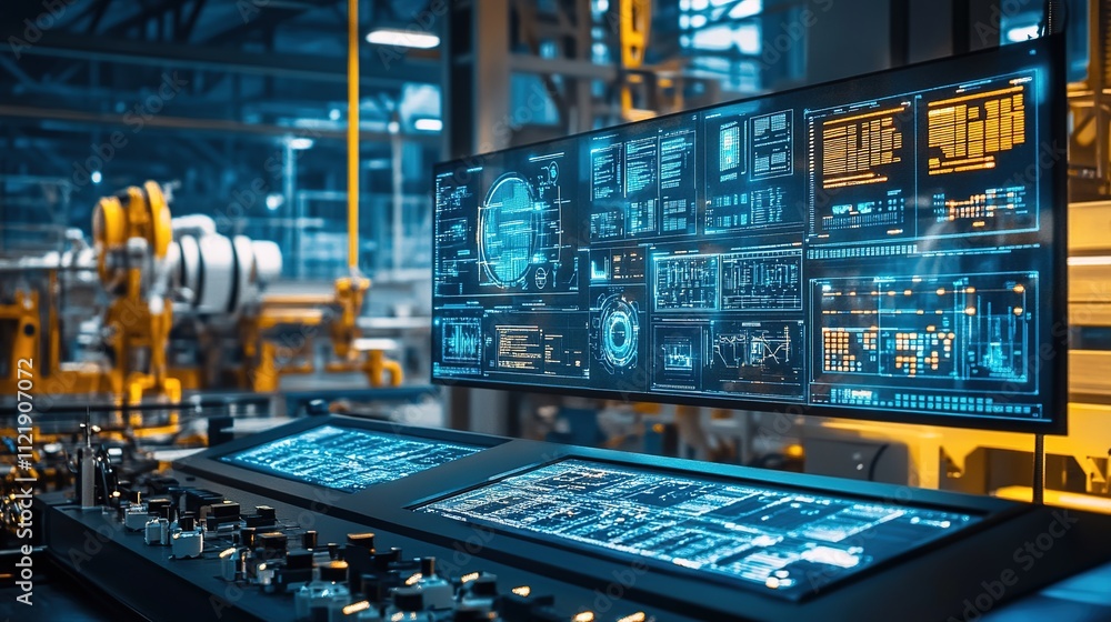 Poster a control room with factory automation software monitoring and managing machinery operations.
