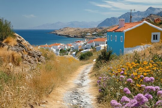 Pathway leading to picturesque coastal village in serifos island, greece