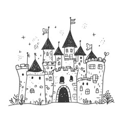 Obraz premium A Hand Drawn Illustration Of A Cartoon Castle With Flags And Plants