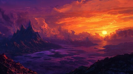 Fototapeta premium Captivating sunset over volcanic islands oceanic viewpoint nature photography stunning orange-purple sky