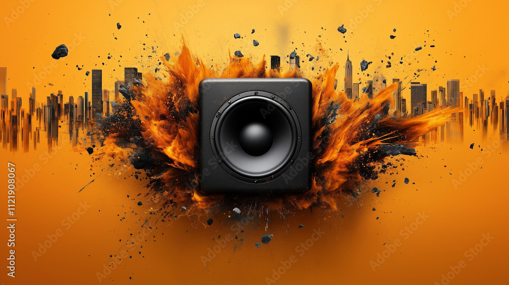 Poster abstract sound wave explosion with black speaker on orange background, creating dynamic and energeti