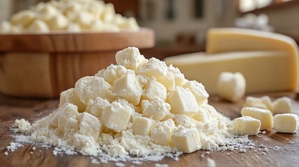 Close-up of Cheese Cubes Coated in Flour on Wooden Surface
