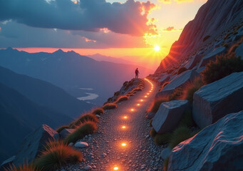 glowing path leads successful climb mountain determination hard