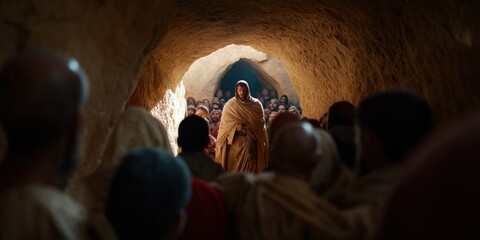 A medium shot of Jesus standing before the entrance of Lazarus' tomb, with a crowd of astonished onlookers
