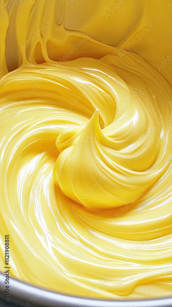 Poster close-up view of cream swirling in an ice cream machine. the mixing process shows a smooth light yel