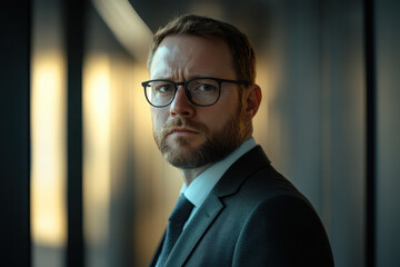 Fototapeta premium A serious businessman in a suit, gazing thoughtfully out of a modern office window.