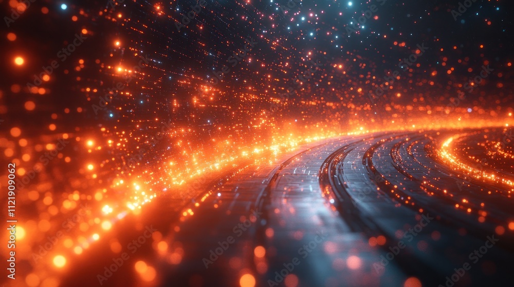 Poster abstract visualization of glowing particles and curves