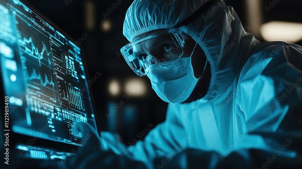 Poster scientist analyzing data on a computer in a lab
