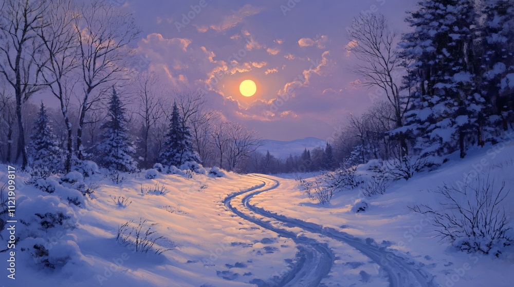 Poster a serene winter scene featuring a snowy path illuminated by a bright moon, surrounded by trees and s