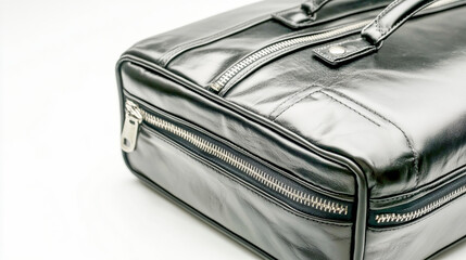 A sleek black leather briefcase with zippers, featuring a smooth finish, isolated on a clean white background