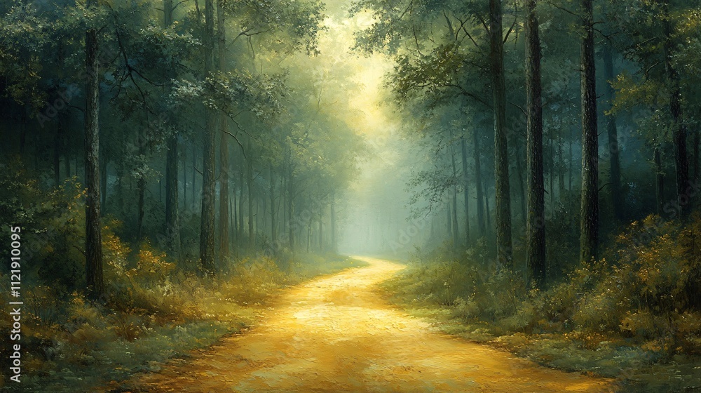 Poster a serene forest pathway illuminated by soft sunlight, inviting exploration and evoking a sense of tr