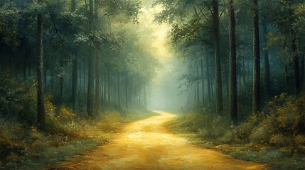 Obraz premium A serene forest pathway illuminated by soft sunlight, inviting exploration and evoking a sense of tranquility and connection with nature.