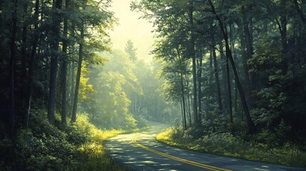 Obraz premium A serene forest road bathed in soft sunlight, surrounded by lush greenery and tall trees, inviting peaceful exploration.