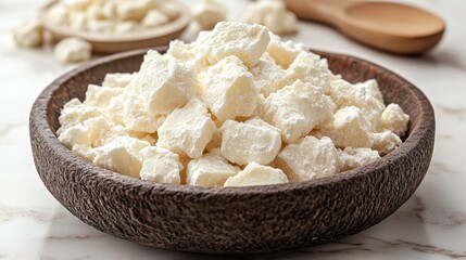 A Wooden Bowl Filled with Creamy White Cubes of Sweet Treat