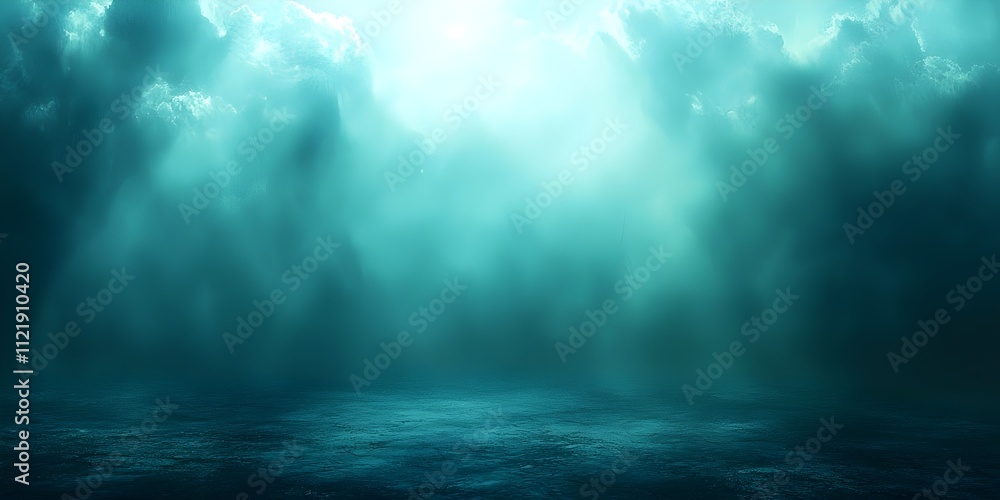 Poster a serene ocean scene with ethereal light filtering through clouds, creating a tranquil atmosphere. t