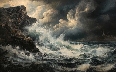 Obraz premium Dramatic coastal storm unleashes massive waves against rocky cliffs intense thunderclouds looming over oceanic landscape