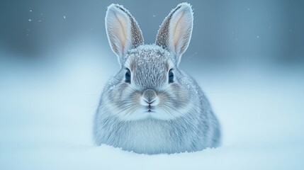 Cute rabbit sitting in fresh snow under a winter sky