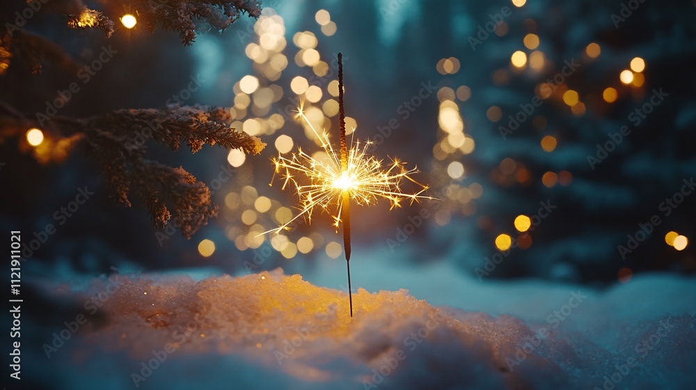 Poster a sparkling firework stick illuminates the snowy ground, surrounded by softly glowing lights from tr