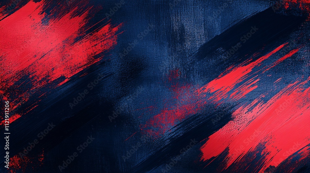 Poster an abstract painting featuring dynamic red and dark blue brush strokes, creating a bold and energeti