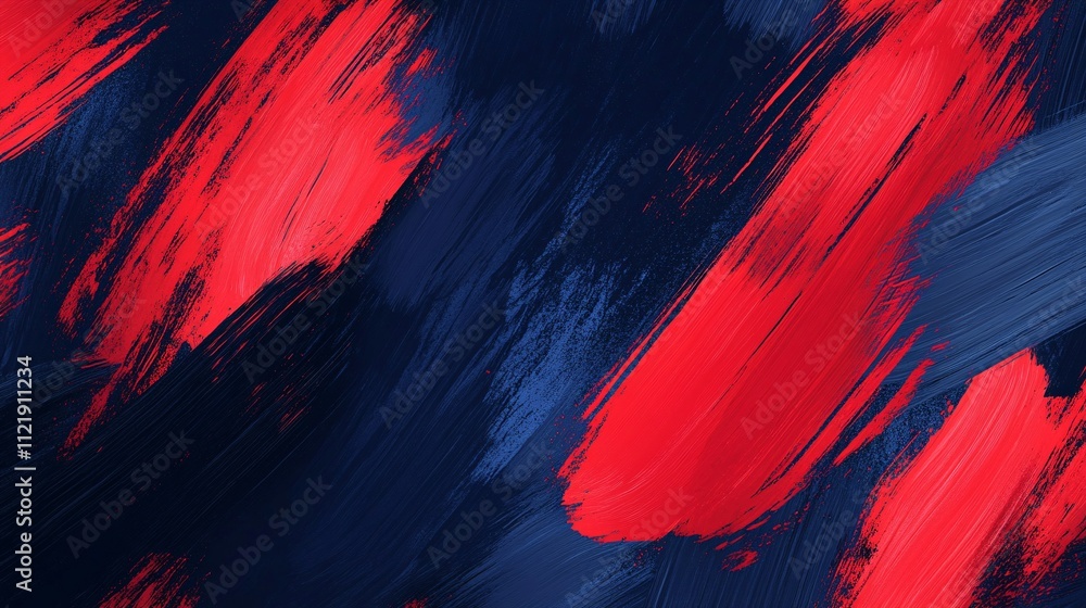 Poster a vibrant abstract painting featuring bold red and deep navy brush strokes, creating a dynamic contr