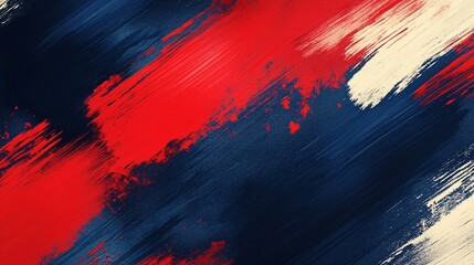 An abstract painting featuring bold strokes of red, navy blue, and creamy white, creating a dynamic and energetic visual.