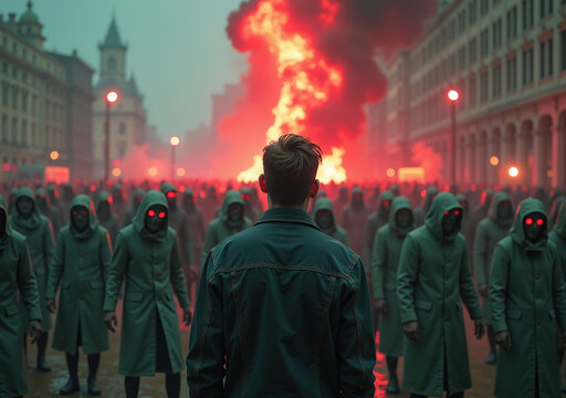 man stands alone among zombies thinking uniquely amidst brainwashed