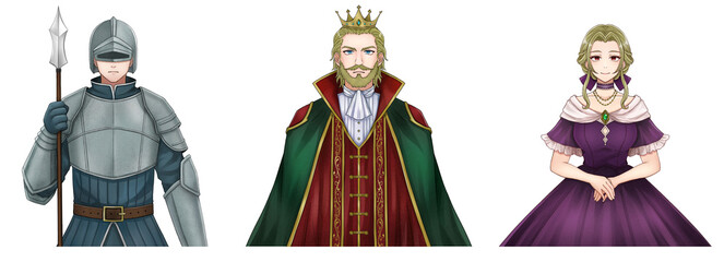 中世キャラクター立ち絵3点セット（王様、王妃、兵士）