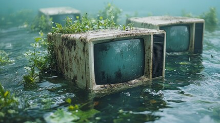 Submerged Retro Televisions in a Verdant Aquatic Environment