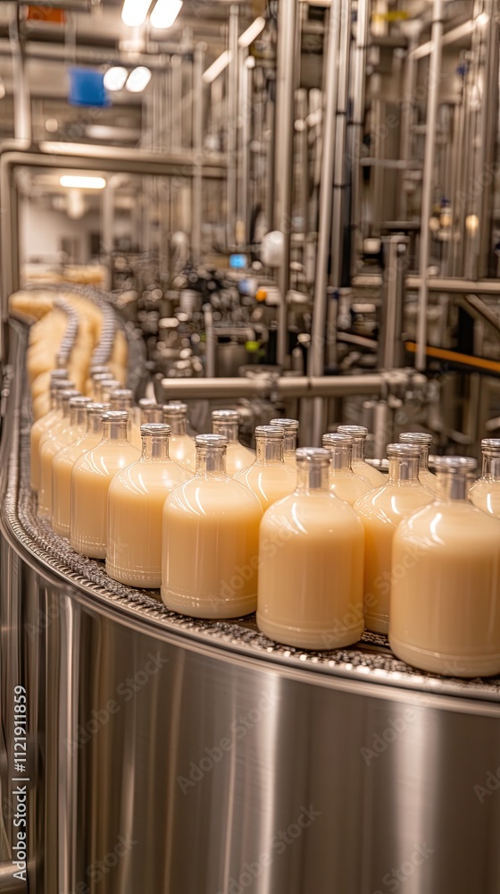 Poster Bottles of milk glide smoothly on a conveyor belt in a contemporary factory dedicated to milk production, showcasing efficient processing methods and technology