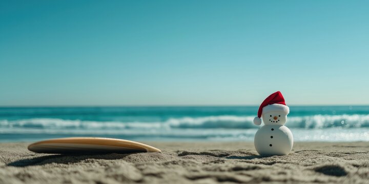 A whimsical close-up shot of a snowman wearing a bright red Santa hat, standing beside a miniature surfboard on a sunny beach