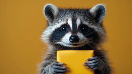 Adorable raccoon holding a bright yellow object against a vibrant backdrop