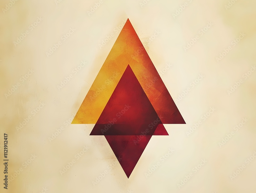 Poster an abstract composition featuring layered geometric shapes in warm hues of red, orange, and yellow, 