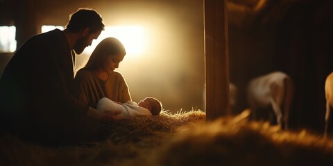 A wide shot of Mary and Joseph in a rustic stable, gently cradling baby Jesus in a manger