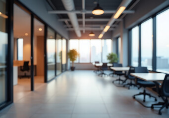 office space features blurred modern open area adjacent city background