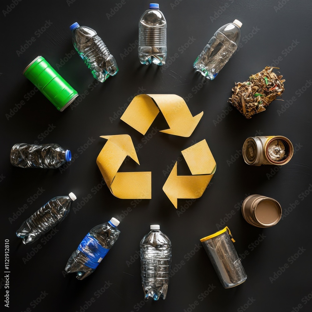 Poster implementing a circular waste management processrecycling stages in geometric patterns for sustainab