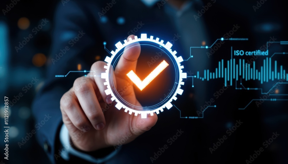 Poster a businessman interacts with a digital check mark symbolizing quality assurance and iso certificatio