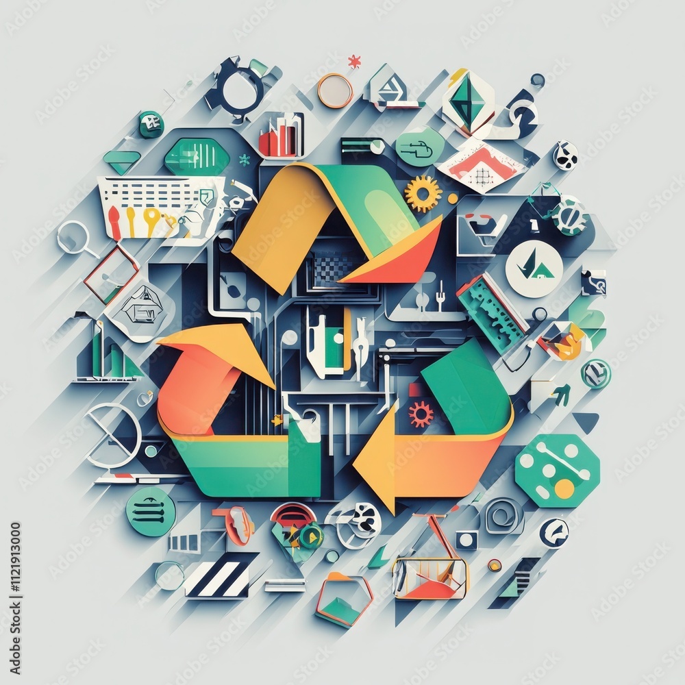Poster implementing circular economy strategiesinterconnected recycling processes in geometric shapes for p