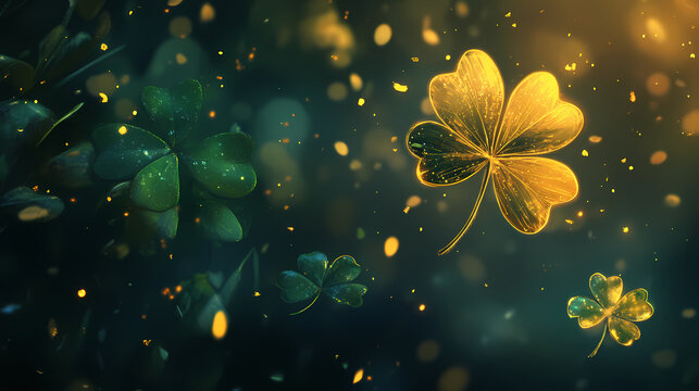 A gold leaf and a green clover falling, featuring eccentric motifs and a glowing quality. Auric. Illustration